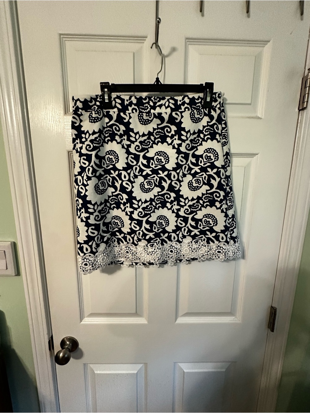 Talbots Navy and White Floral Lace-Trim Skirt